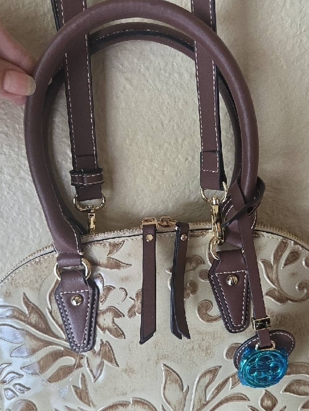 M.C Handbags Embossed Leather Satchel in Beige and Brown. - Picture 6 of 8